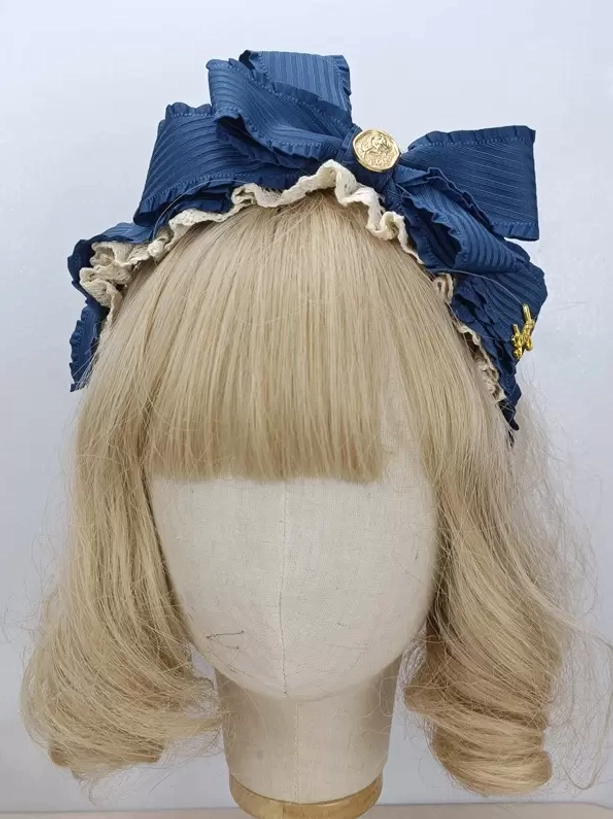 Navy blue striped lolita bow hairband with ruffled beige edge and gold brooch - sweet lolita rococo-style headwear