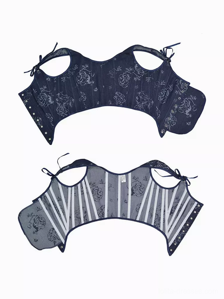 Disassembled navy floral corset bustier showing internal boning structure, floral printed outer layer, and detachable bow tie shoulder straps construction