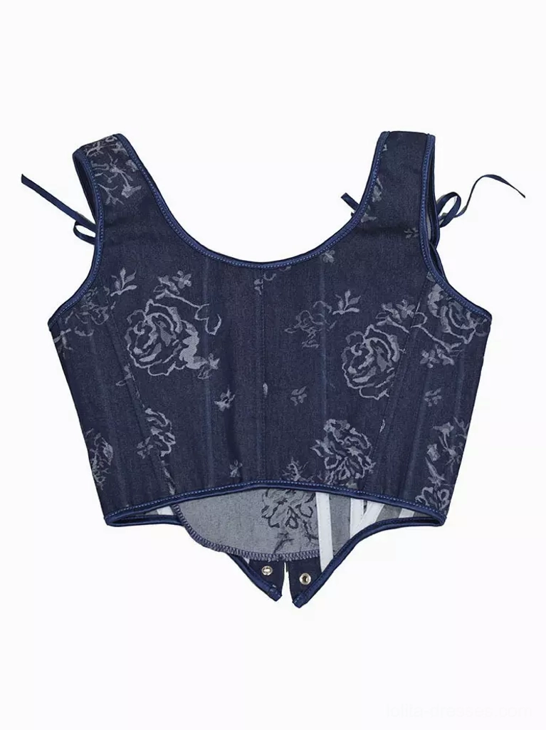 Navy floral corset bustier flat lay back view showing square back neckline, rose floral print coverage, and wavy bottom edge construction