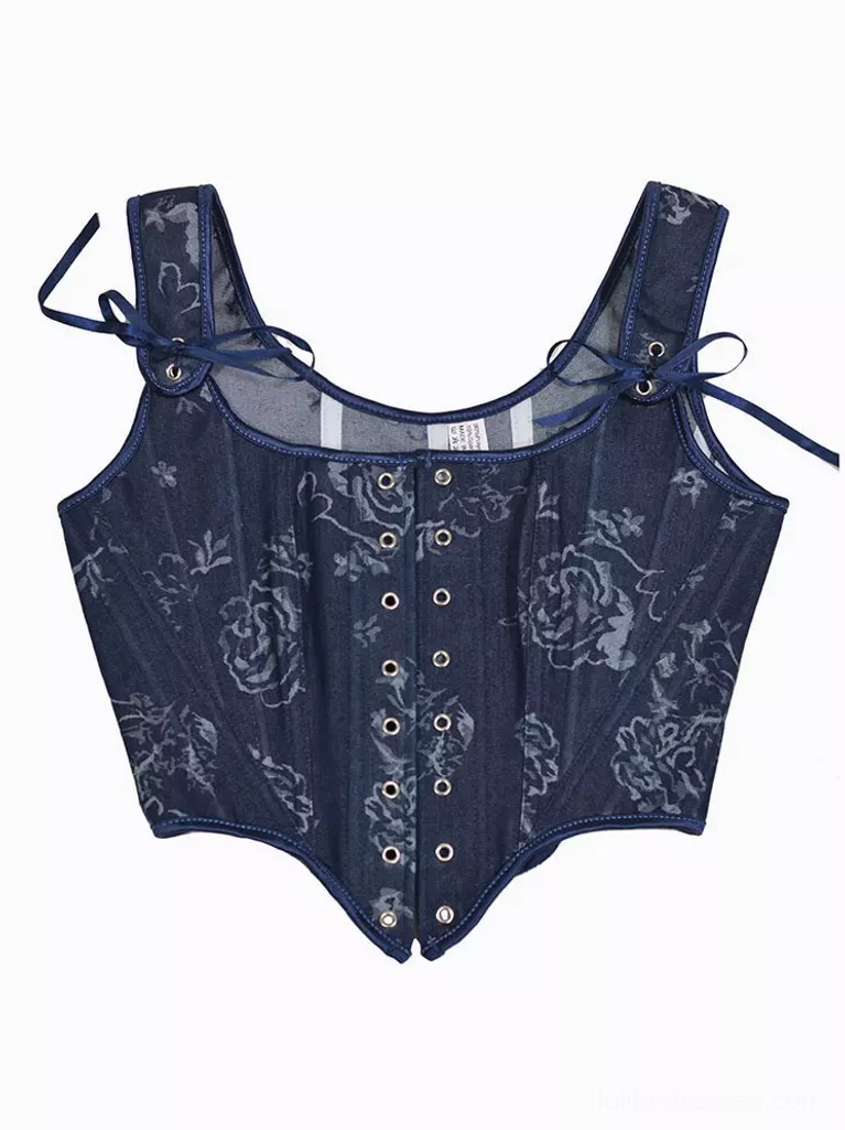 Navy floral printed corset bustier flat lay right front angle displaying front eyelet fastening system, detachable rose bow straps, and romantic floral print details