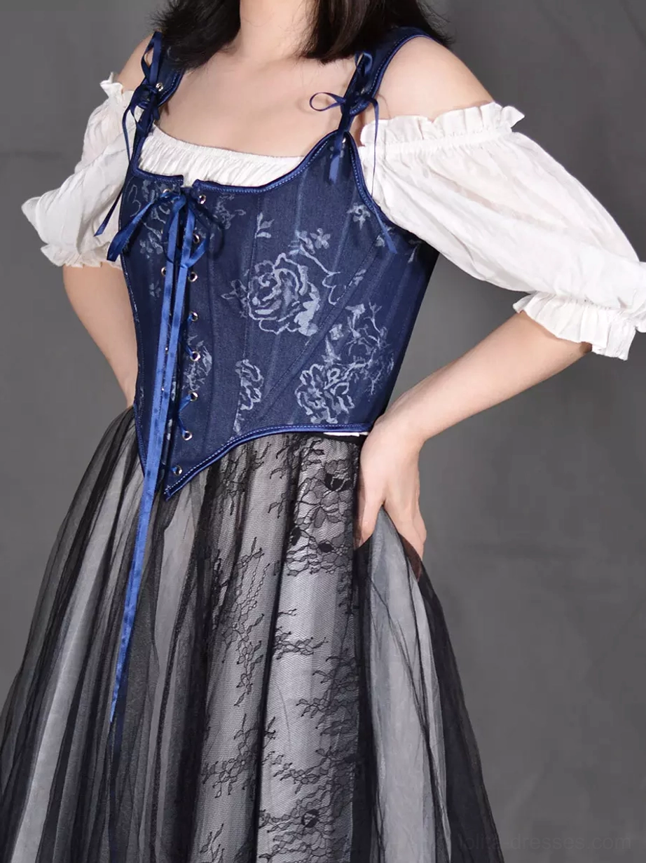 Navy rose floral corset bustier left side front angle showing front lace-up eyelet design, bow shoulder straps, and romantic floral pattern