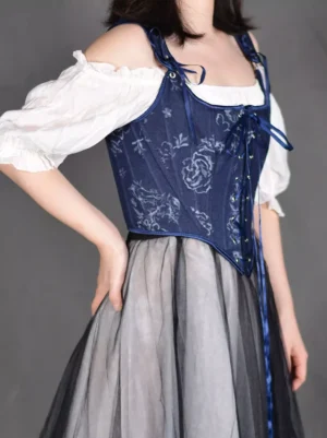 Navy floral printed corset bustier three-quarter side front angle showing rose floral pattern, long front lace ribbon, and bow shoulder straps with off-shoulder blouse styling