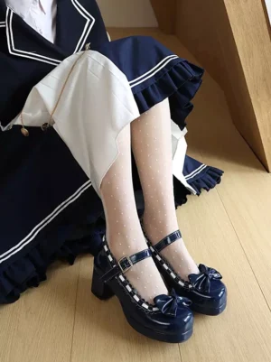 Navy blue block heel Mary Jane Gothic Lolita footwear paired with school-style dress and socks showing overhead leg view demonstrating round toe and chunky heel design