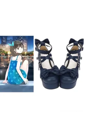 Anime character wearing coordinated navy blue Lolita platform heels with heart buckles against nighttime waterfront city background paired with matching footwear detail