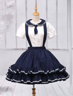 Navy pure cotton sailor lolita dress with lace-trimmed collar and matching neck tie front display on indoor background