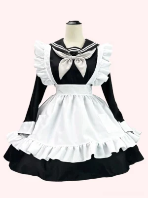 Navy maid Lolita dress front view displaying black and white colorway, ruffled apron, short bow, long sleeves, and Victorian-inspired silhouette on mannequin