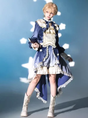 Navy Ouji Lolita dress three-quarter side full body shot showing high-low hem and bishop sleeves with ruffled details