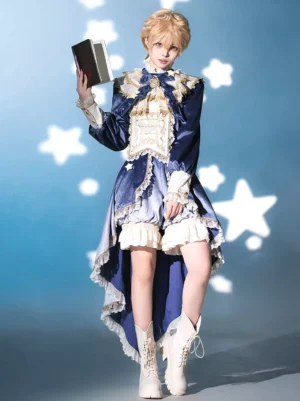 Navy Ouji Lolita tiered ruffles high-low tailcoat dress with bloomers set full front view on blonde model wearing white boots