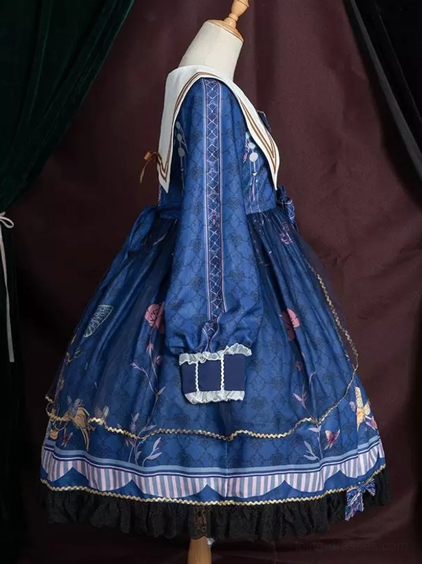 Navy sailor academic lolita dress full length silhouette showing balanced proportions, skirt volume, lace hem, and sailor aesthetic