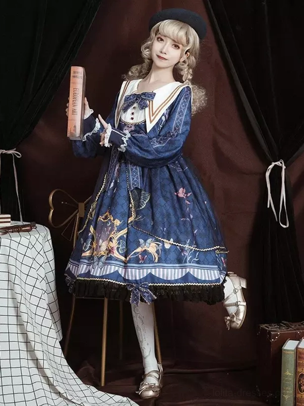 Navy sailor academic lolita dress three-quarter front view with waist bow decoration, butterfly vintage print, and layered lace hem