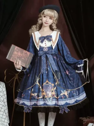 Navy sailor academic lolita OP dress front view with butterfly print, sailor collar, front bowknot, lace ruffles, and long sleeves on model with blonde hair