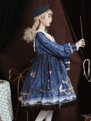 Navy sailor lolita one-piece dress back and side view showing striped hem, ruffled long sleeves, and full skirt volume with lace trim