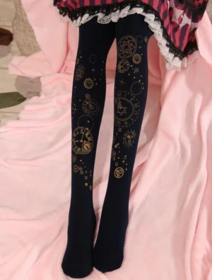 Navy dark blue velvet lolita pantyhose featuring gold foil clock face and hexagram hot stamping, paired with frilled lolita skirt on pink plush fabric background - leg showcase