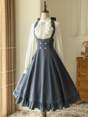 Navy vertical striped sleeveless classic lolita dress front view with lace ruffles and decorative buttons, displayed on vintage mannequin