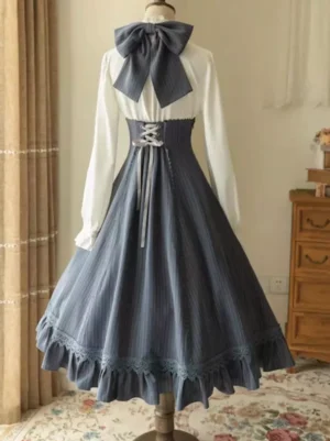Navy striped classic lolita dress back view showing large decorative bow and lace-up waist detail with ruffled hem