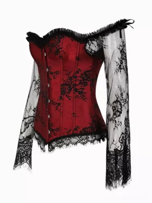 off-shoulder corset top oblique angle view long sleeve floral lace red base lolita style