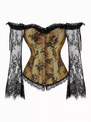 Off-shoulder floral lace corset bronze base black lace front view flat lay showing ruffled neckline and long sheer bell sleeves gothic lolita style overbust corset