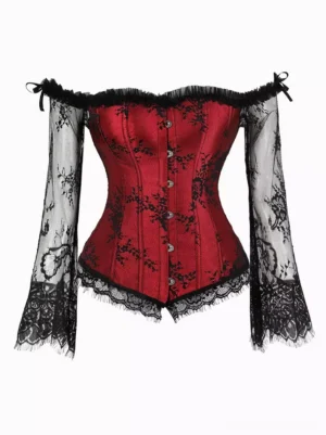 off-shoulder floral lace corset top front view wine red and black lace gothic lolita fashion