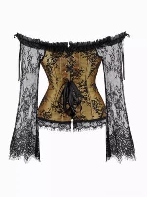 Off-shoulder lace corset bronze back view showing lace-up closure with black ribbon ties back lacing detail gothic romantic corset