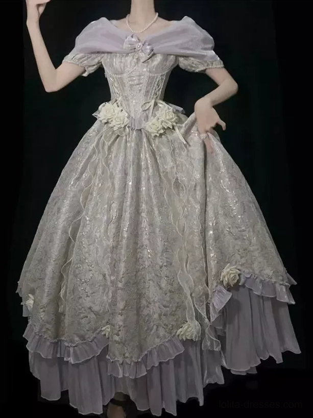 Front full-body view of off-shoulder lolita ball gown with light purple bow, dimensional floral jacquard skirt, and layered ruffled hem on plain background, no-face studio portrait