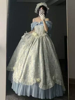 Off-shoulder corset sweet lolita gown with light blue and off-white jacquard pattern, model taking mirror selfie wearing bonnet, displaying layered ruffled skirt hem and structured bodice