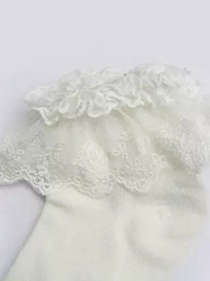 Off-white cream embroidered lace ruffle ankle sock with refined cuff design, flat lay photography highlighting elegant lolita aesthetic