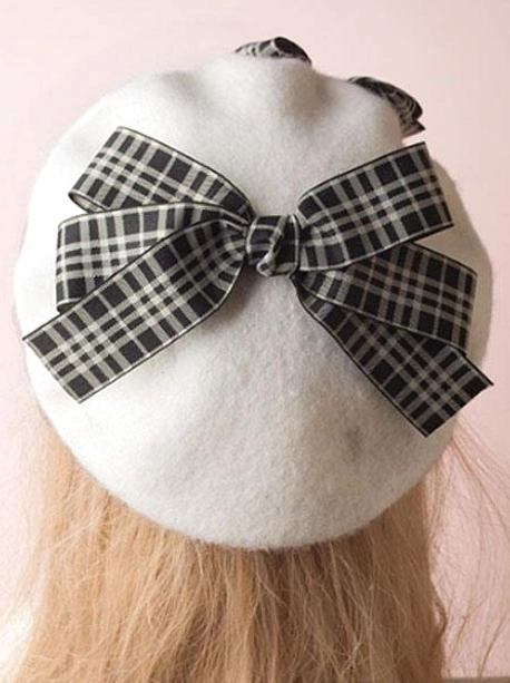 Off-white lolita beret back view large gingham plaid bow off-white wool fabric rear angle