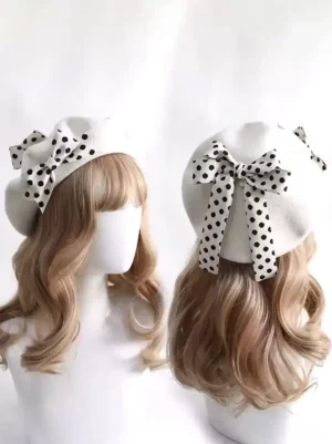 off-white cream lolita beret black and white polka dot ribbon bow accent front back display