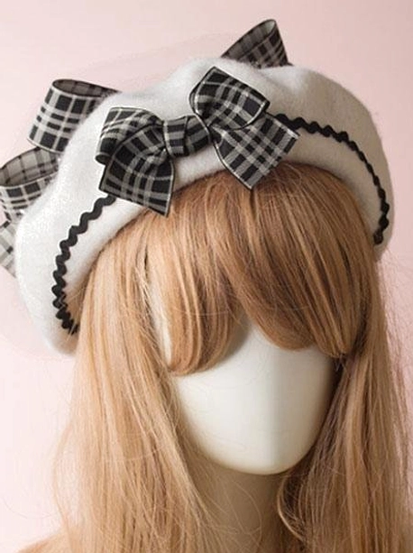 Off-white cream lolita beret with black gingham plaid bow front view scalloped edge ricrac trim