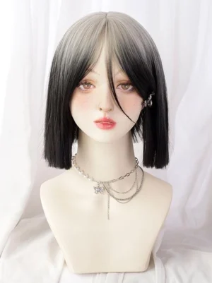 Ombre gradient bob lolita wig front view gray-to-black synthetic fiber split color hair accessory on mannequin
