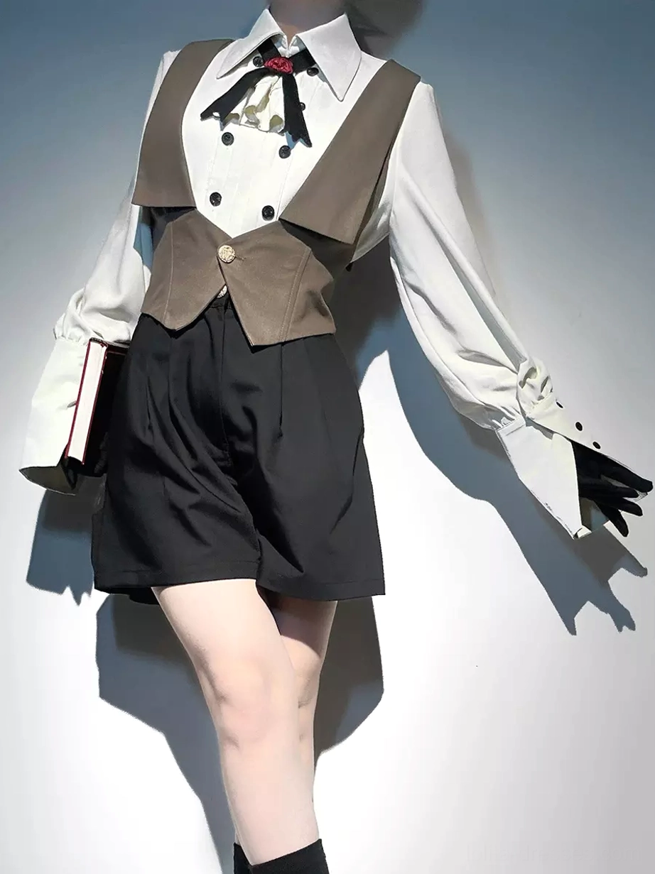 Front three-quarter view of ouji lolita formal ensemble featuring ruched shirt cuffs, single-breasted brown waistcoat, and plain black shorts
