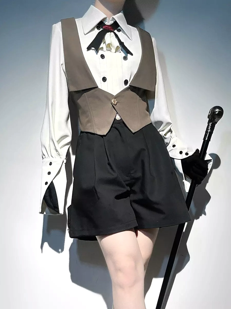 Partial ouji lolita gentleman suit lower front view with brown waistcoat over white formal shirt, black gloves holding walking cane