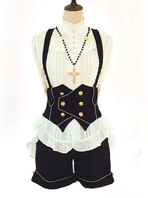 Gothic Ouji lolita back-lacing corset vest with gold buttons and white ruffled blouse, displayed on half-body mannequin with matching black shorts and cross necklace pendant