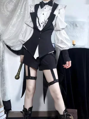 Ouji Gothic Lolita black suit set front three-quarter view with ruffled long sleeves waistcoat cravat and thigh harness straps on vintage gothic backdrop