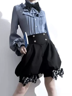Ouji Lolita black bloomers with checkered bows front close-up view showing dusty blue pleated blouse and black lantern shorts with bow accents