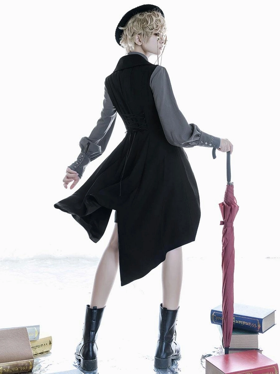 Ouji lolita overcoat back standing view lace-up back design long grey sleeves combat boots pink folded umbrella androgynous model gothic style