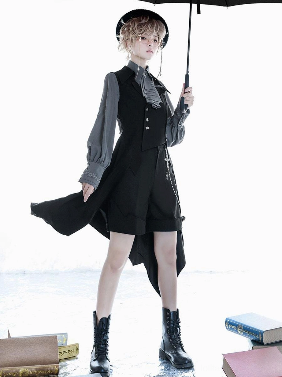 Ouji lolita overcoat side three-quarter standing view flowy asymmetrical hem tailored shorts bowler hat formal cravat black umbrella seaside aesthetic
