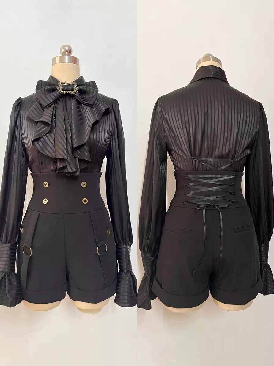 Gothic Ouji Lolita bloomers blouse shorts set mannequin display ruffled neck bow corset back metal hardware