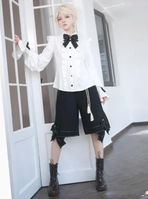 Ouji Lolita bloomers three-quarter view casual daily wear coordinate with buttoned shirt black bow and tassel detailed shorts indoor