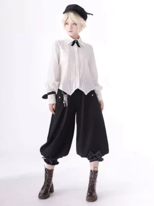 Ouji fashion blouse pleated front details with structured white shirt and black cropped lantern pants full body coordinate