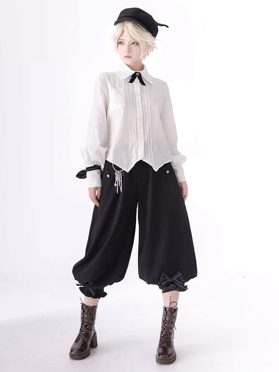 Ouji fashion blouse pleated front details with structured white shirt and black cropped lantern pants full body coordinate
