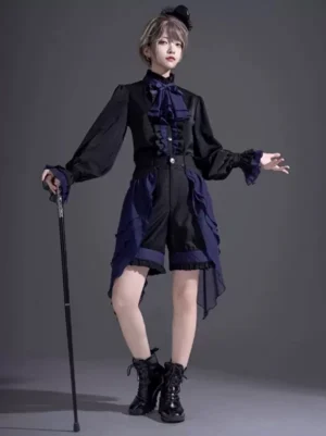 Ouji masculine Lolita blouse with navy bow tie and draped ruffled shorts side-profile single-model view
