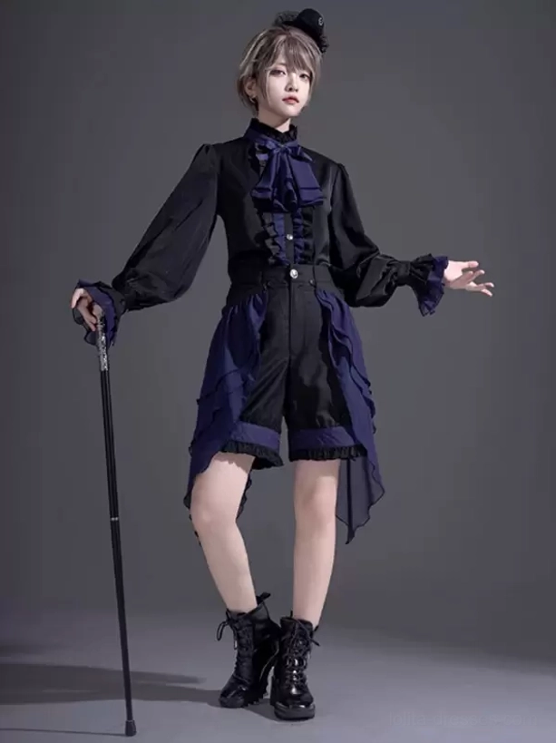 Ouji masculine Lolita blouse with navy bow tie and draped ruffled shorts side-profile single-model view