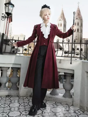 Ouji Lolita burgundy overcoat side-front full view model holding walking cane tailored silhouette black formal trousers aristocratic styling