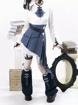 ouji lolita cat ear set inner dress and leg warmers asymmetrical pleated skirt Chinese-style buckle trim lace-up leg warmer styling