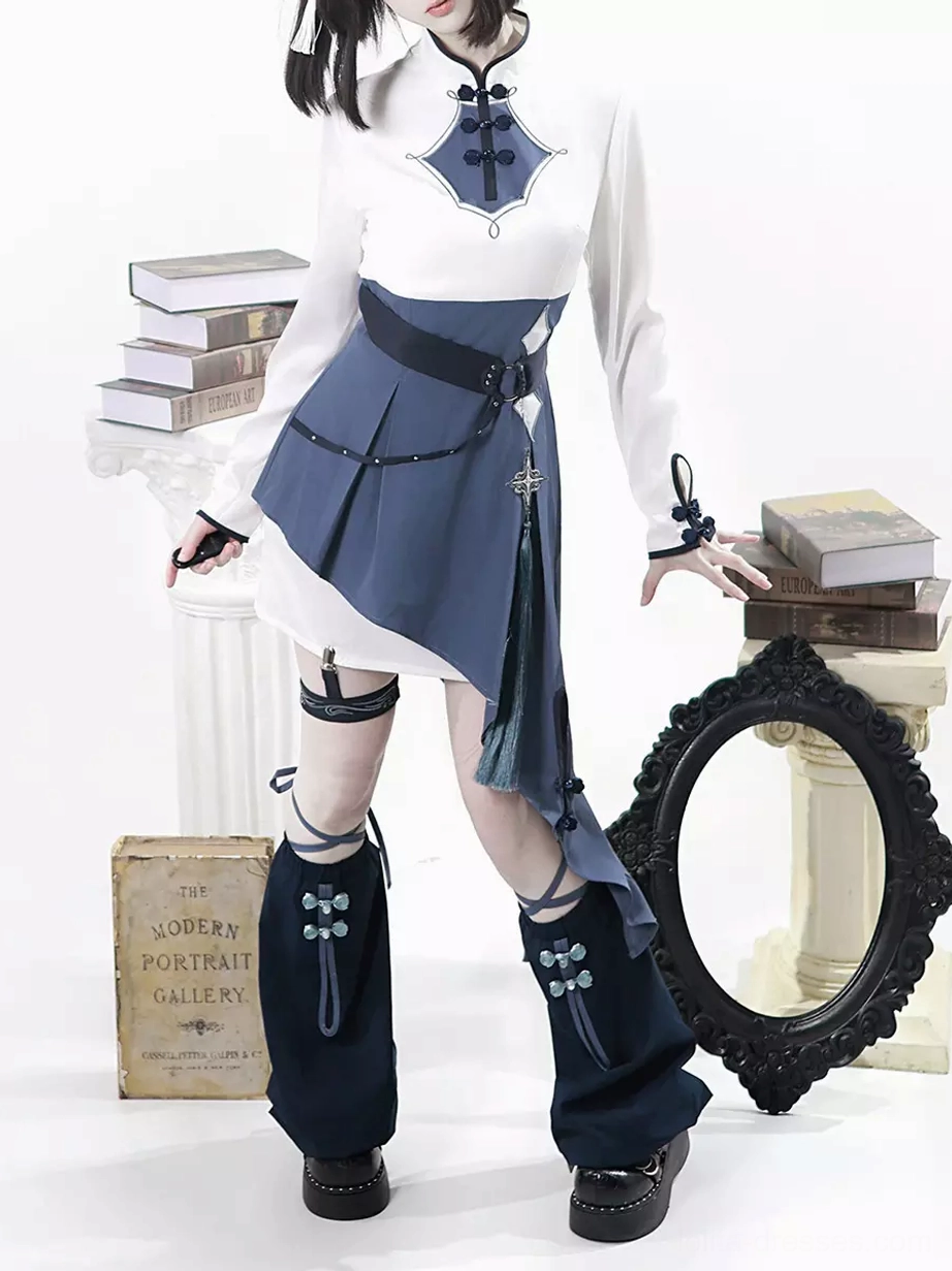 ouji lolita cat ear set inner dress and leg warmers asymmetrical pleated skirt Chinese-style buckle trim lace-up leg warmer styling