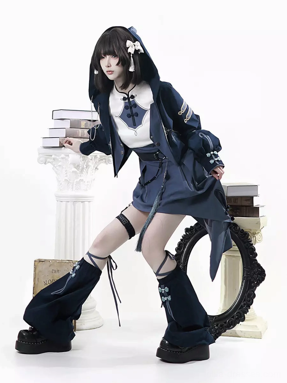 cat ear ouji lolita set low three-quarter angle lace-up leg warmers platform boots studio props leaning pose