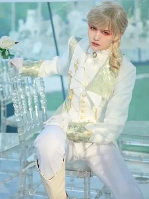 Complete ouji lolita formal outfit white long sleeve blouse paired with white pants and boots styled on blonde model three quarter view