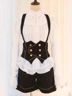 Front-facing view of gothic lolita Ouji style sleeveless corset vest with double-row gold buttons and high-neck ruffled white blouse, styled on mannequin torso