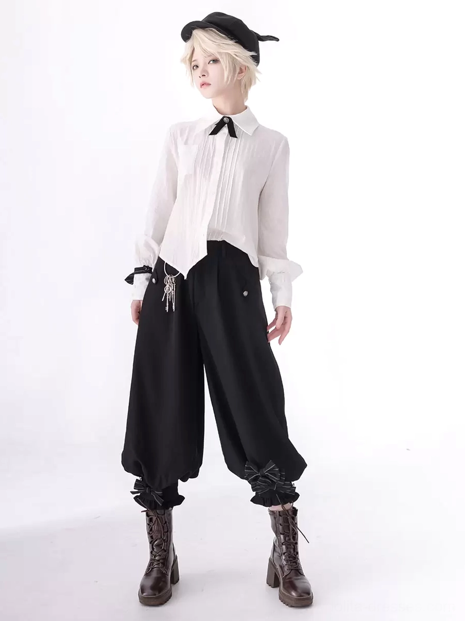 Separated Ouji fashion blouse bloomer set pleated white shirt black cropped shorts loose fit